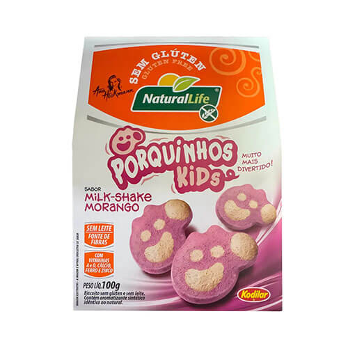 Biscoitos Porquinhos Kids Milk Shake Morango Sem Glúten Sem Lactose 100g